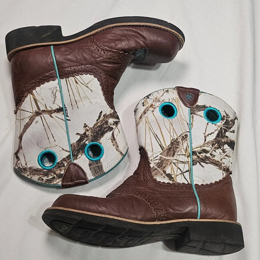 Ariat Kids Western Boots Camo Print Leather‎ Turquoise Square Toe Size 4.5 - Picture 2 of 10